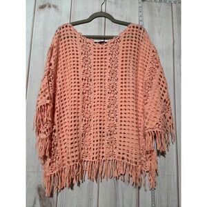 Boston Proper Coral Crochet‎ Fringe Poncho Kimono Beach Cover Up LXL